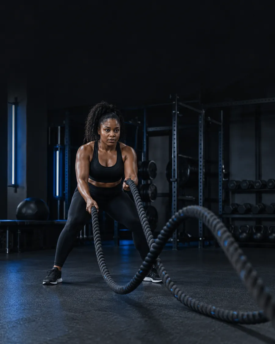 A woman training with battle ropes