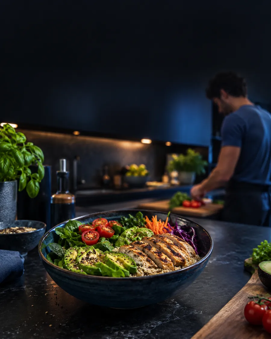 A colourful meal bowl being prepared in a kitchen