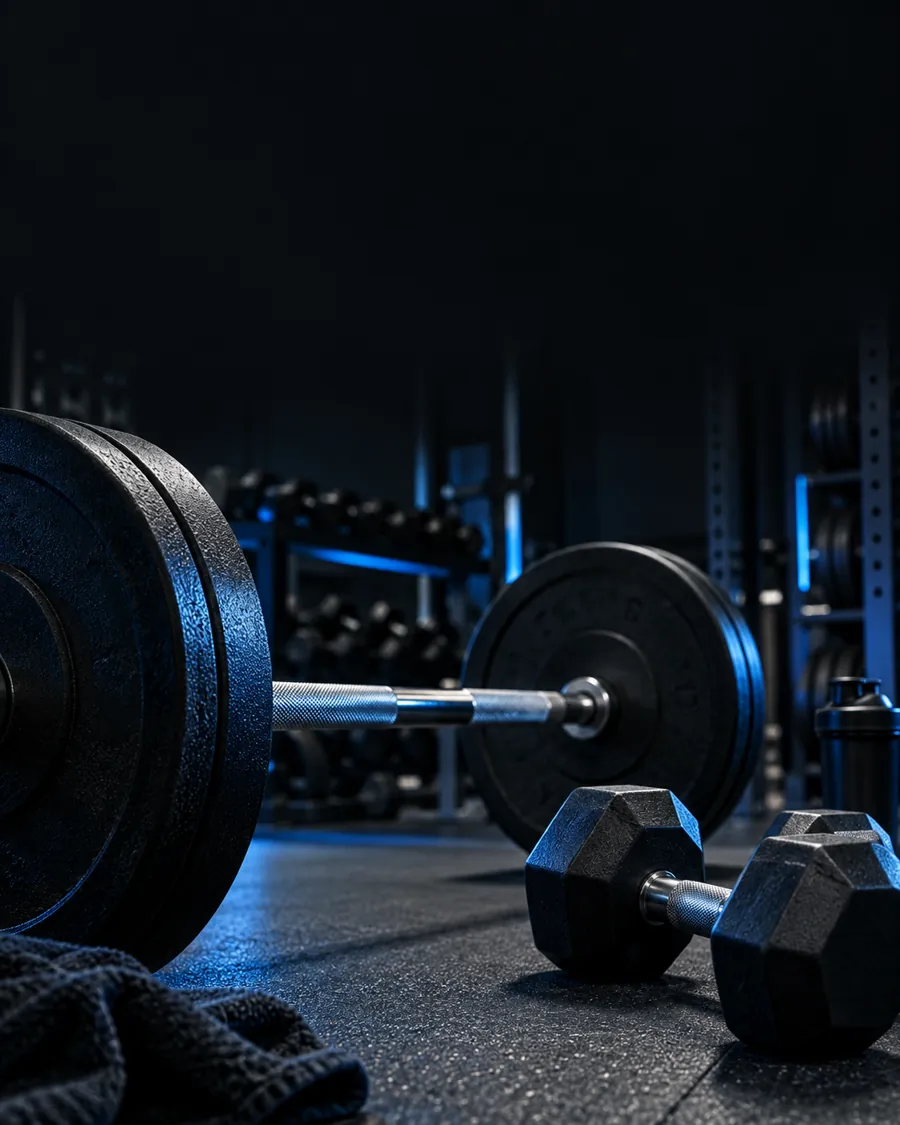 Free weights and a barbell in a gym