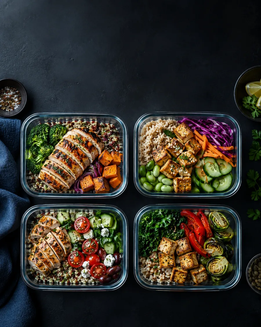 Prepared meals with grains, vegetables, and protein foods
