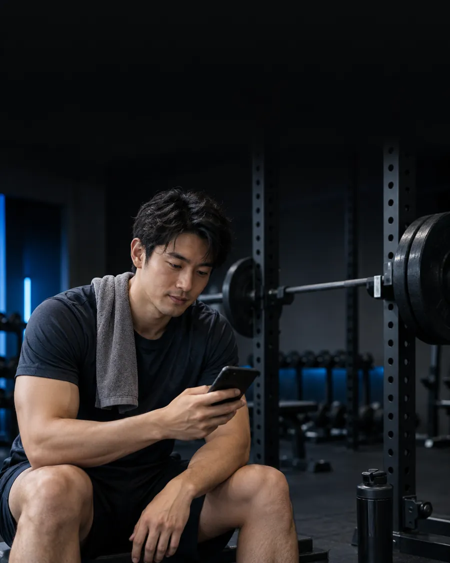 A gym-goer reviewing a training log on a phone
