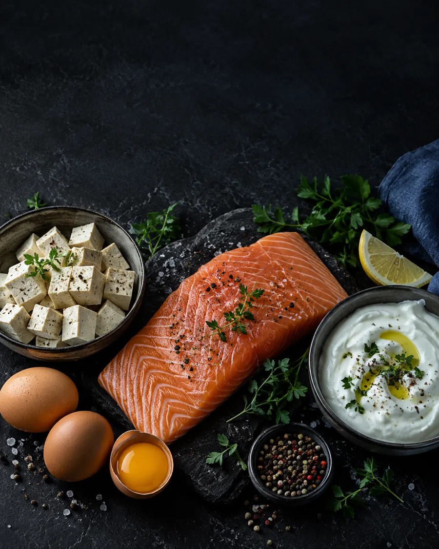 Protein foods including salmon, tofu, eggs, and yogurt