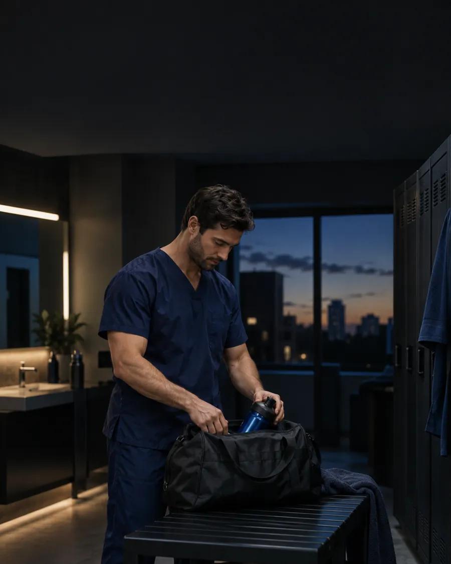 A healthcare worker packing a gym bag after a shift