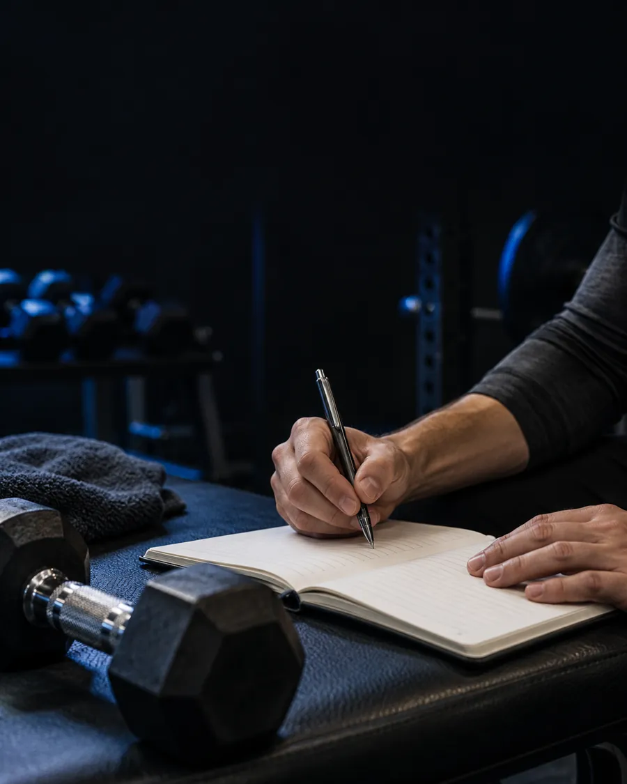 A workout notebook beside gym equipment