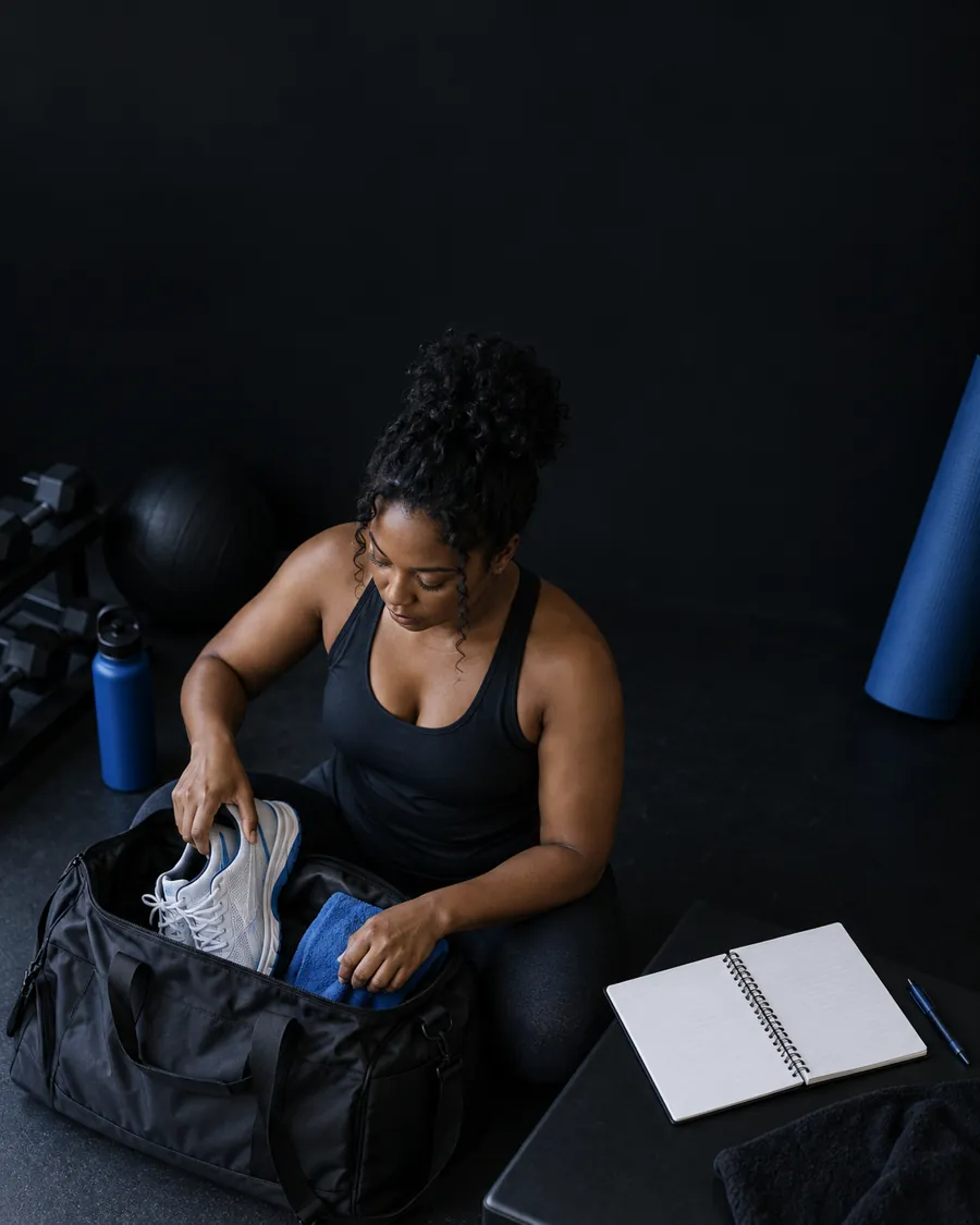 A gym bag, trainers, towel, and weekly planner