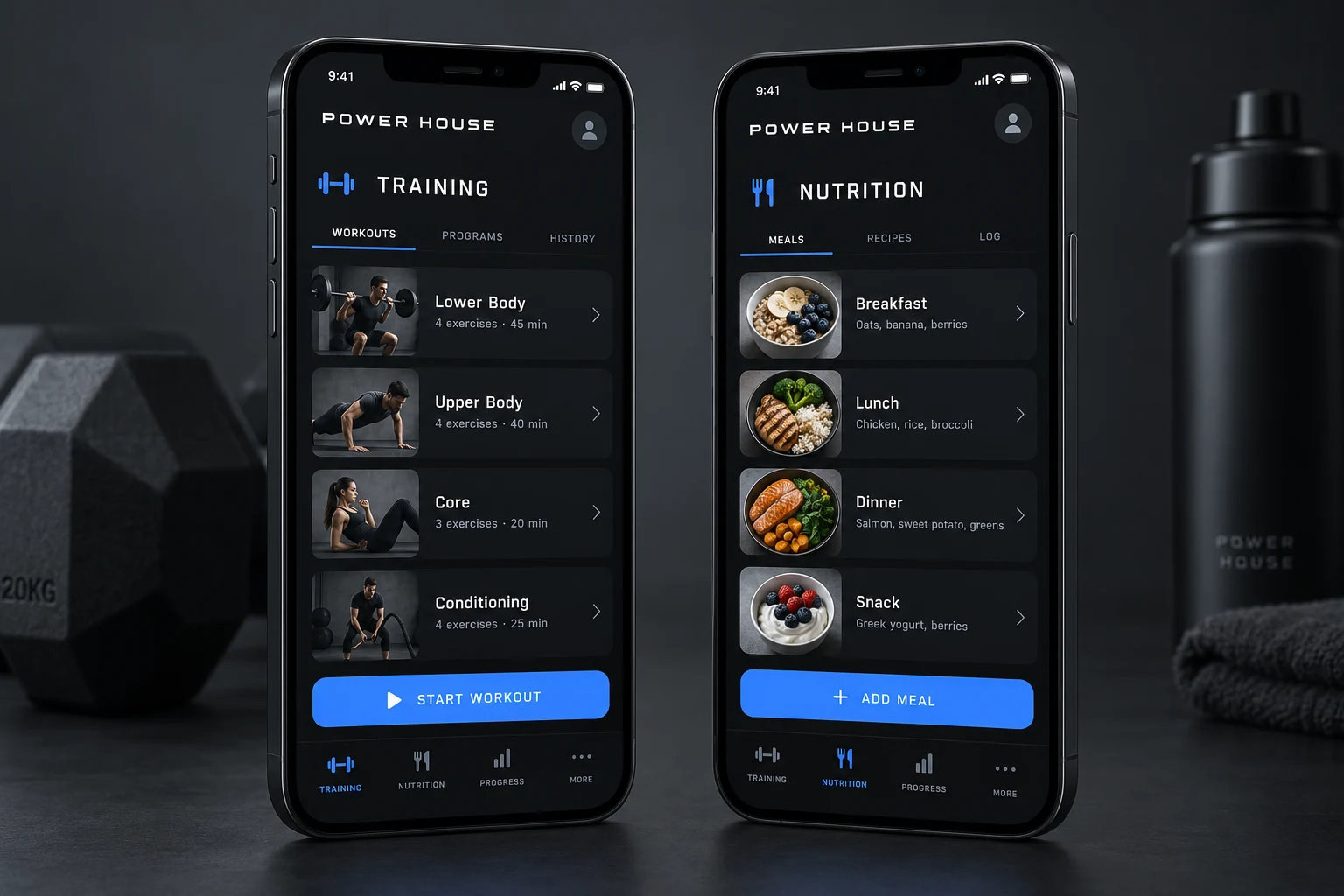 Concept of the Power House app with training and nutrition in one place